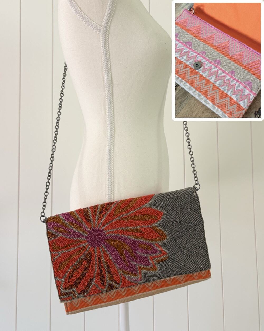 America & Beyond Beaded Floral Foldover‎ Clutch Crossbody Purse Pink Orange Boho